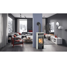 Lichte woonkamer met kachel, bank en uitzicht op een besneeuwd landschap.