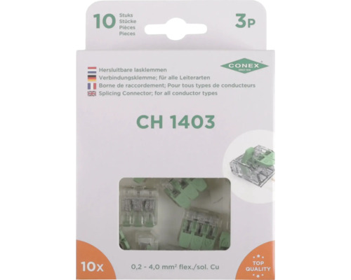 Verpakking met tien hersluitbare CONEX lasklemmen voor alle geleidersoorten