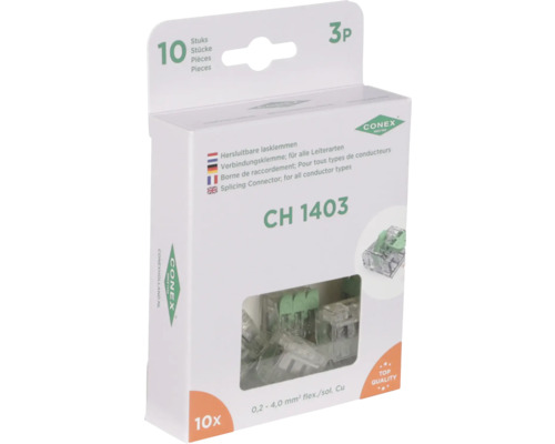 Verpakking met tien hersluitbare CONEX lasklemmen voor alle soorten geleiders