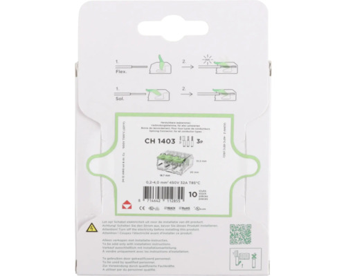 Verpakking van een verbindingsklem CH 1403, geschikt voor alle soorten geleiders