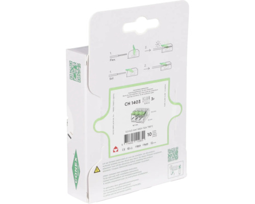 CONEX Logo. Verpakking met tien stuks verbindingsklemmen voor alle soorten geleiders.