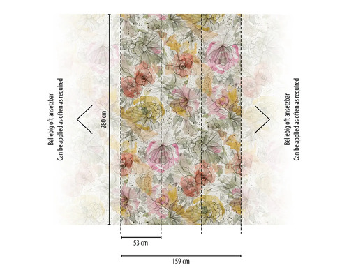 Behang met bloemmotief en maataanduidingen