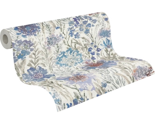 Rol behang met blauw bloemmotief