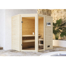 Houten sauna met glazen deur en bedieningspaneel