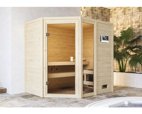 Houten sauna met glazen deur en bedieningspaneel