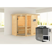 Houten sauna met glazen deur en sauna kachel met stenen