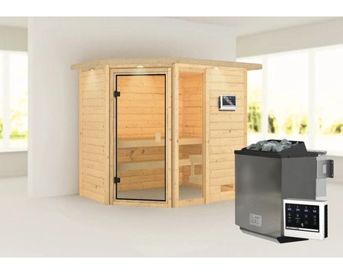Houten sauna met glazen deur en sauna kachel met stenen