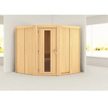 Hoeksauna met glazen deur en houten bekleding