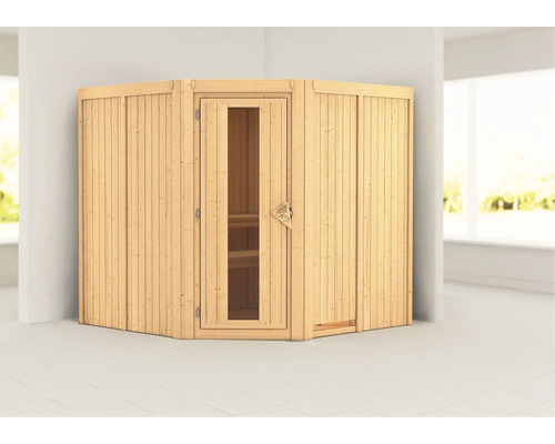 Hoeksauna met glazen deur en houten bekleding