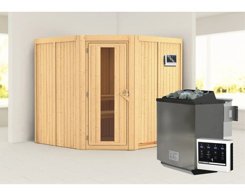 Houten sauna met kachel en bediening
