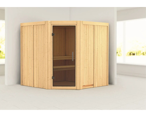 Houten hoeksauna met glazen deur