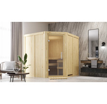 Houten hoeksauna met glazen deur in een badkamer