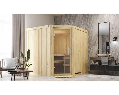 Houten hoeksauna met glazen deur in een badkamer