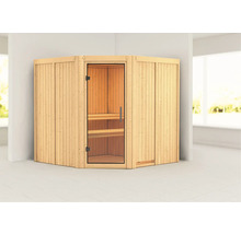 Hoeksauna met glazen deur en houten banken