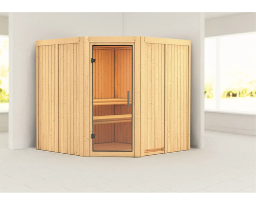 Hoeksauna met glazen deur en houten banken