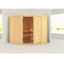 Houten hoeksauna met glazen deur en houten banken