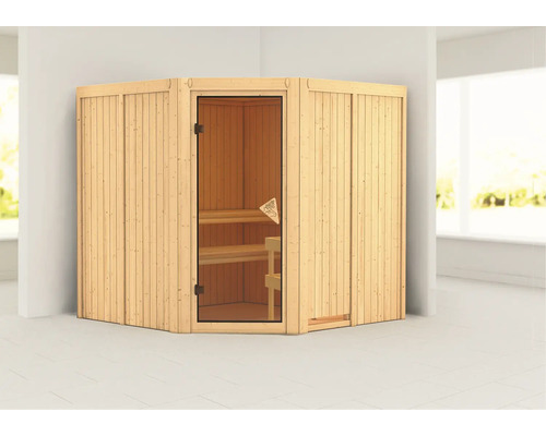 Houten hoeksauna met glazen deur en houten banken