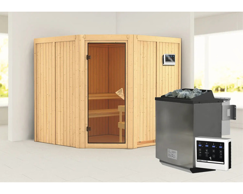 Hoeksauna met kachel en bediening