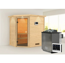 Houten sauna met saunakachel en bedieningselementen