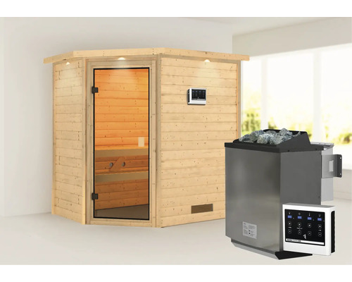 Houten sauna met saunakachel en bedieningselementen