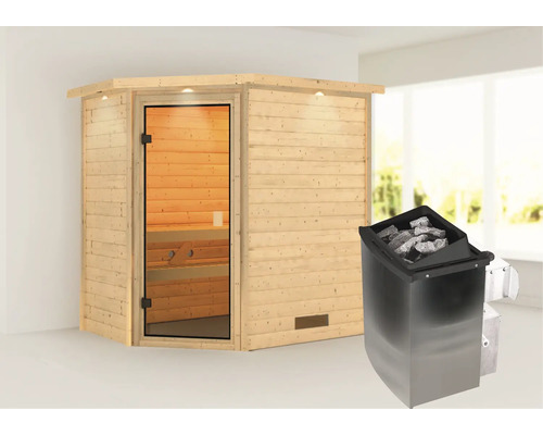 Houten sauna met saunakachel en glazen voorkant