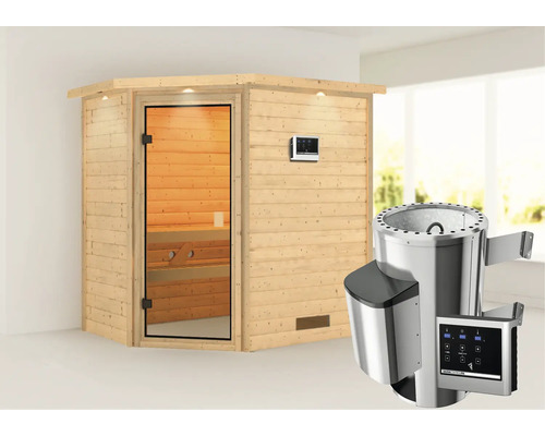 Houten sauna met saunakachel en digitaal bedieningspaneel