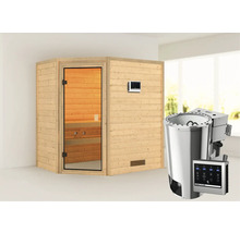 Houten sauna met glazen deur en saunakachel