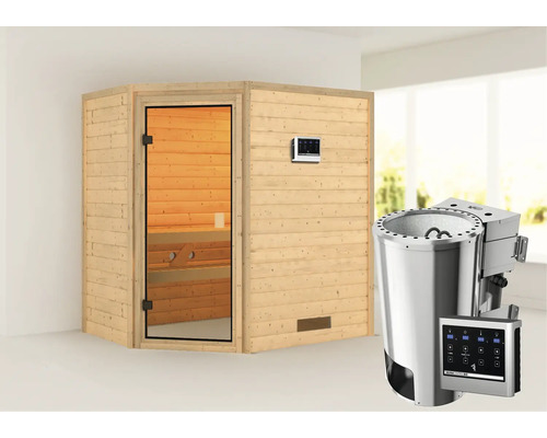 Houten sauna met glazen deur en saunakachel