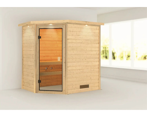 Houten sauna met glazen deur en binnenverlichting