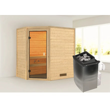 Houten sauna met glazen deur en saunakachel