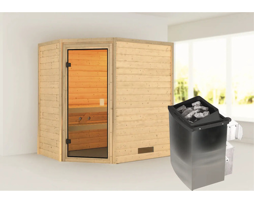 Houten sauna met glazen deur en saunakachel