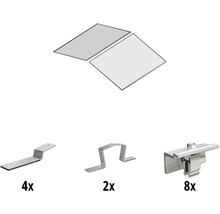 Bevestigingsmateriaal voor zonnepanelen, inclusief dakhaken, spanklemmen en moduleklemmen, hoeveelheden: 4x dakhaken, 2x spanklemmen, 8x moduleklemmen