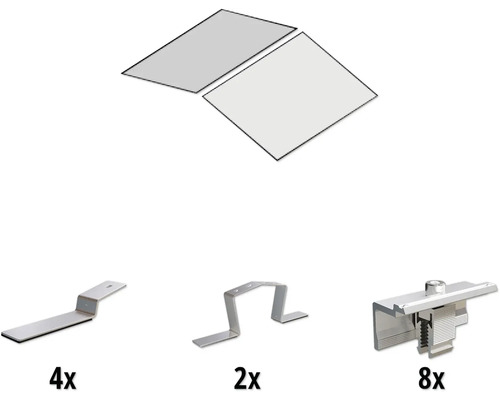 GEMS Montageset voor 1 module (1x2) op platdak in oost-/westelijke richting Bevestigingsmateriaal voor zonnepanelen, inclusief dakhaken, spanklemmen en moduleklemmen, hoeveelheden: 4x dakhaken, 2x spanklemmen, 8x moduleklemmen
