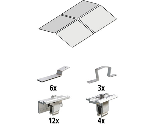 GEMS Montageset voor 4 (2x2) modules op platdak oost-/westelijke richting Montageset voor zonnepanelen met diverse beugels en bevestigingsmaterialen