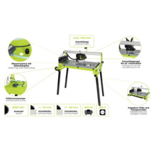 Tegelsnijmachine met waterbak, koelwaterpomp, zwenkbaar snij-apparaat, inklapbare poten en transportwielen.