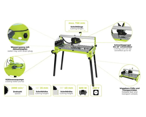 Tegelsnijmachine met waterbak, koelwaterpomp, zwenkbaar snij-apparaat, inklapbare poten en transportwielen.