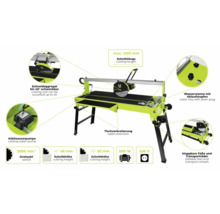 Tegelsnijmachine met koelwaterpomp, waterbak, inklapbare poten en transportwielen, plus technische gegevens zoals snijlengte, snijdiepte en snelheid.