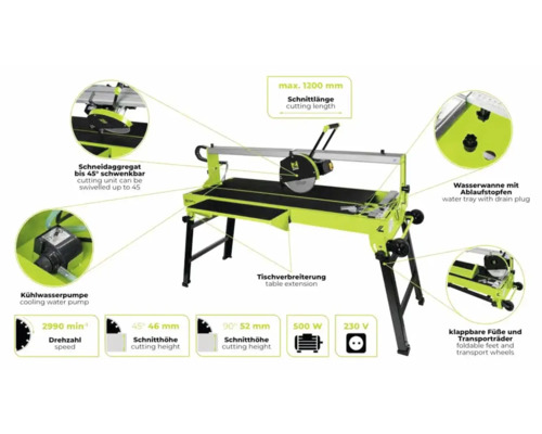 Tegelsnijmachine met koelwaterpomp, waterbak, inklapbare poten en transportwielen, plus technische gegevens zoals snijlengte, snijdiepte en snelheid.