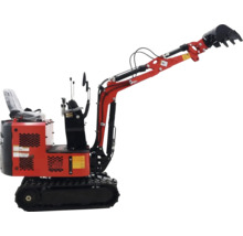 Rode minigraver met rupsbanden en graafbak