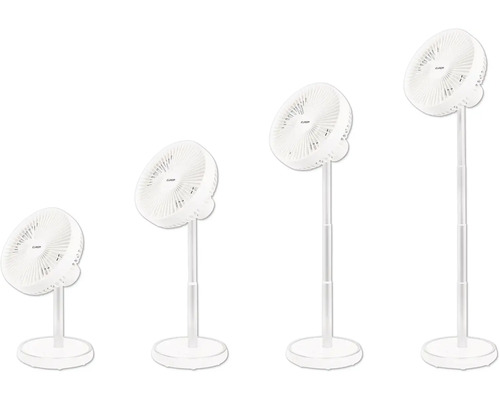 Meerdere witte staande ventilatoren van verschillende hoogtes