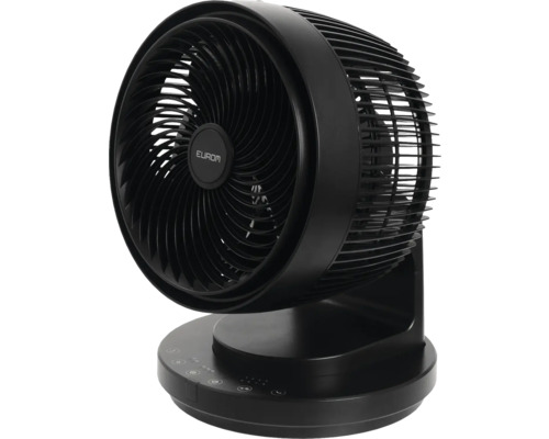 Zwarte Eurom ventilator met ronde voet en bedieningspaneel
