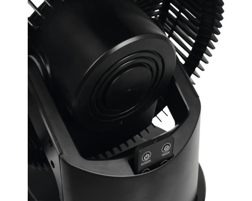 Gedetailleerde weergave van een zwarte ventilator met aan/uit- en timerknop.