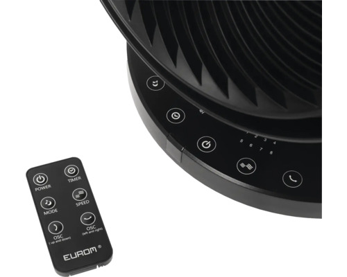 Close-up van een torenventilator met bedieningspaneel en afstandsbediening