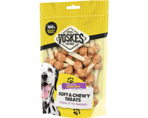 VOSKES Soft & Chewy Treats halters kip rijst 400 g Verpakking Voskes hondensnacks met kip- en rijsthalters