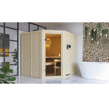 Houten sauna in badkamer met bad en houten wanddecoratie