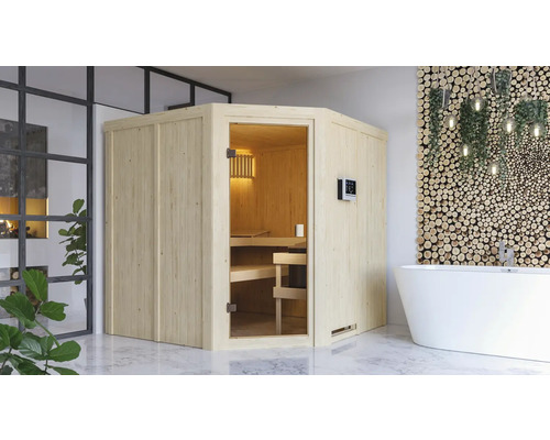Houten sauna in badkamer met bad en houten wanddecoratie