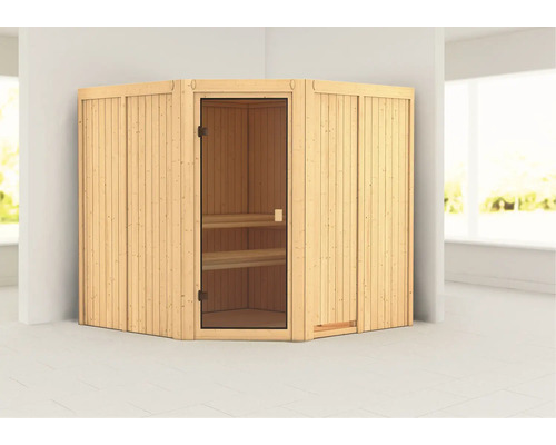 Hoeksauna met houten wanden en glazen deur, interieur met houten banken