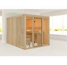Houten sauna met glazen deur en banken