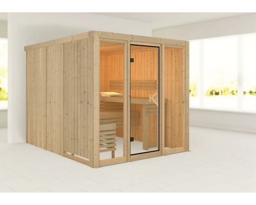 Houten sauna met glazen deur en banken
