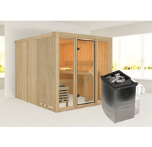 Houten sauna met saunakachel en saunastenen
